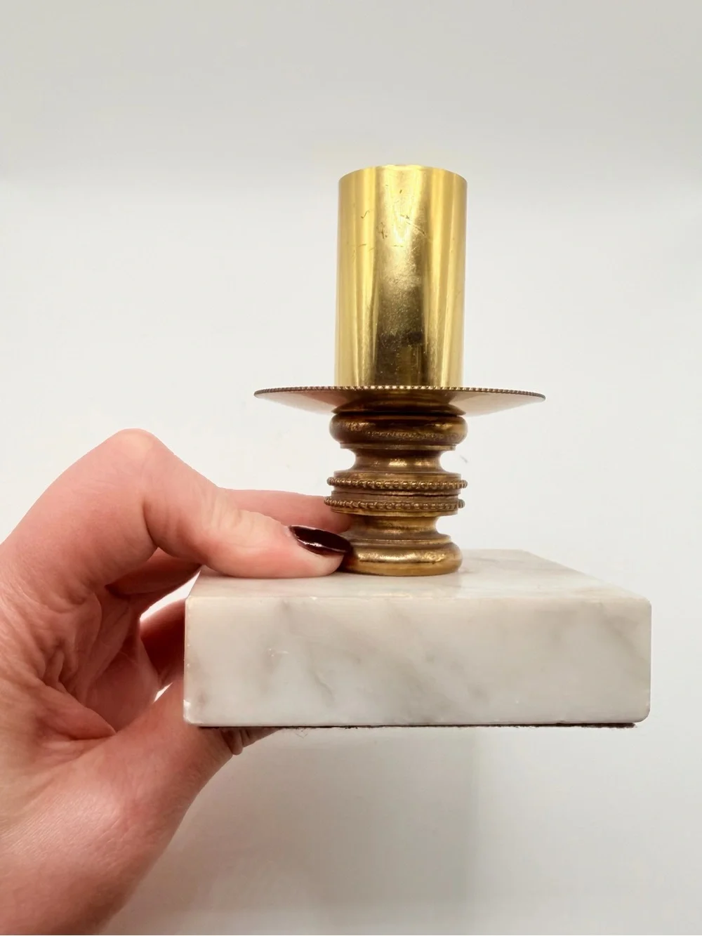 Vintage MCM Brass and White Marble Taper Candle Stick Holder
